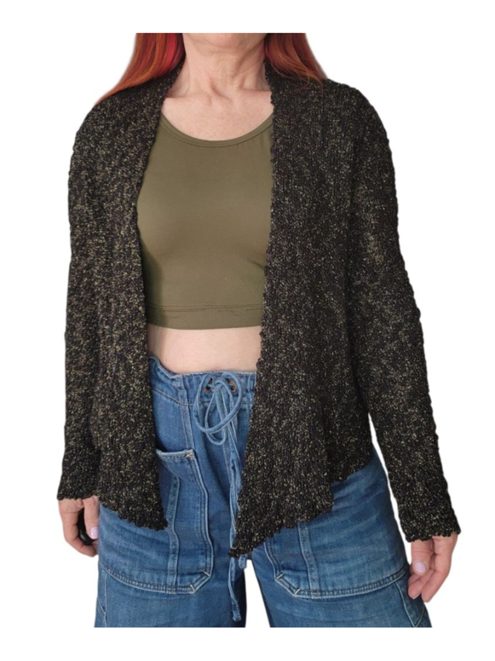 EILEEN FISHER Black Gold Metallic Open Linen Blend Cardigan Sweater‎ S